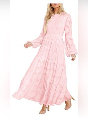 NWOT Elegant Blush Pink Maxi Dress with Long Balloon Sleeves, Small
